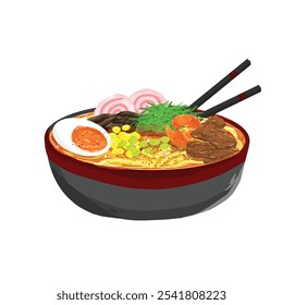 Sopa de fideos picantes de ramen japonés con huevo, algas marinas, camarones, maíz, carne, champiñones y palillos en el tazón Ilustración de comida asiática Vector de fondo aislado