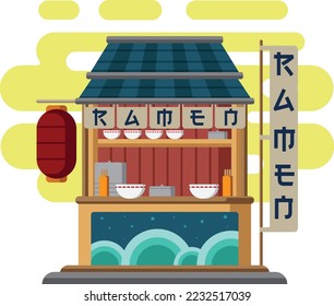 Japanese ramen store with flat design illustration