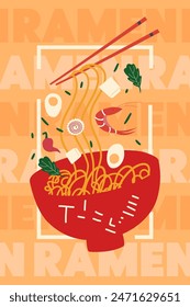 Japanese ramen vertical poster. Japan noodles and ingredients for  restaurant, advertising, cafe . 