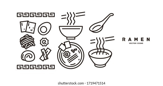 Japanese ramen, whole and parts icons