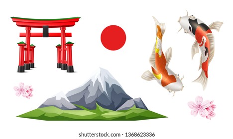 Símbolos realistas japoneses. Puerta Torii, Montaña Fuji, flores sakura, pez carpa Koi, ardiendo el círculo rojo del sol. La religión del sintoísmo entrada de madera roja, planta elegante. Diseño Vector Japón