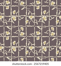 Japanese Rectangle Net Flower Vine Vector Seamless Pattern