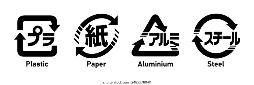 Japanese recycling icon set- Plastic, Paper, Aluminium and Steel. Japanese recycling symbol set labelled for cardboard boxes. English translation for Japanese text (plastic, paper, aluminium, steel).