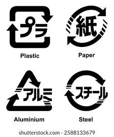 Japanese Recycling Icon Set. Plastic, Paper, Aluminium, Steel. Japanese recycling symbols for packaging. Set of Japanese recycling symbols. recycle, symbol, icon, vector, illustrations.