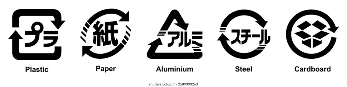 Japanese Recycling Icon Set. Plastic, Paper, Aluminium, Steel, cardboard. Japanese recycling symbols for packaging. Set of Japanese recycling symbols. recycle, symbol, icon, vector, illustration.