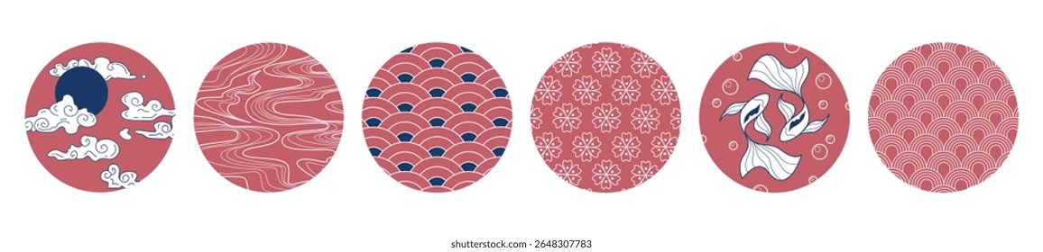 Coleção de padrões de círculo vermelho japonês - flores sakura, sol com nuvens, ondas do oceano, peixes koi, formas geométricas e motivos da natureza. Desenhos tradicionais de seigaiha para projetos asiáticos.