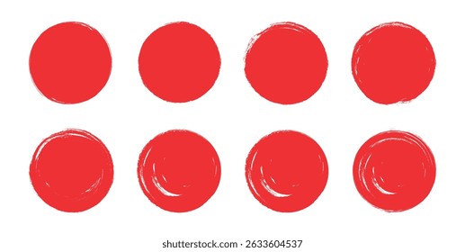 Japanese red circles. Japan crayon brush sun. Hand drawn Asian round set. Rough grunge frames, watercolor elements, scribbles. Ink brush Chinese paint. Calligraphy sunset icons. Isolated vector illust