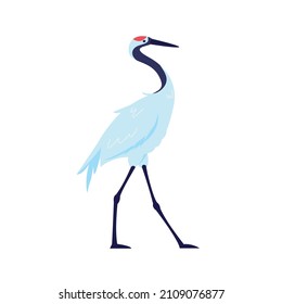 Japanese red crowned crane bird isolated flat vector illustration. Asian wildlife creature, stork, egret, heron design element.