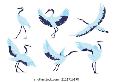 Japanese red crowned crane bird simple elements collection.  Asian wildlife creature flat isolated set. Stork, egret, heron in trendy flat design.