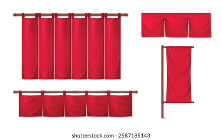 Japanese red curtain noren set with various hanging styles on copper rods. Traditional textile room dividers with vertical panels and loops design. Long drapes, short valances and single banner.