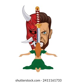 Japanese red demon, samurai and girl. Hannya Oni Japan mask. Illustrations for t shirt print. Color tattoo. Poster in Oriental style for design.