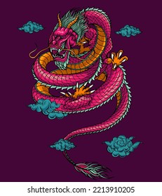 Japanese red dragon full color vector art