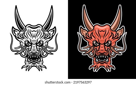 Japanese red dragon head with horns vector illustration in two styles monochrome on white and colorful on dark background