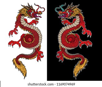 Japanese red dragon tattoo isolate.Traditional Chinese dragon for printing on T-shirt or coloring book on background.