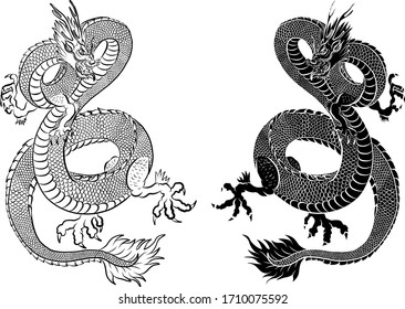 Japanese red dragon tattoo.Dragon on red background for Chinese New Year.Gold Chinese Dragon vector. Gold line art King Dragon tattoo.cartoon vector for t-shirt.