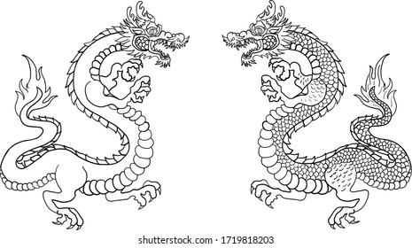 Tatuaje del dragón rojo japonés. Dragón sobre fondo rojo para el Año Nuevo chino. Vector del dragón chino de oro. Arte de la línea de oro Rey Dragón tatuaje.caricatura vectorial para camiseta.