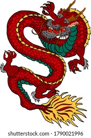 Japanese red dragon tattoo.Dragon on red background for Chinese New Year.Chinese Dragon vector.Gold line art King Dragon tattoo.cartoon vector for t-shirt.