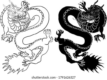 Japanese red dragon tattoo.Dragon on red background for Chinese New Year.Gold Chinese Dragon vector.Gold line art King Dragon tattoo.cartoon vector for t-shirt.