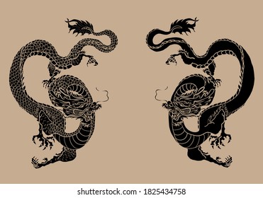 Japanese red dragon tattoo.Dragon on red background for Chinese New Year.Gold Chinese Dragon vector.Gold line art King Dragon tattoo.cartoon vector for t-shirt.