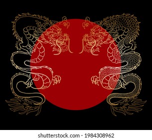 Japanese red dragon tattoo.Dragon on red background for Chinese New Year.Gold Chinese Dragon vector.Gold line art King Dragon tattoo.cartoon vector for t-shirt.Clouds vector for tattoo.