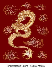 Japanese red dragon tattoo.Dragon on red background for Chinese New Year.Gold Chinese Dragon vector.Gold line art King Dragon tattoo.cartoon vector for t-shirt.Clouds vector for tattoo.