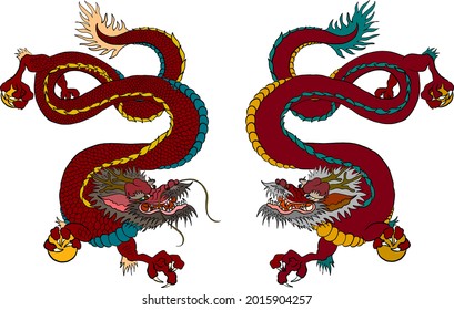 Japanese red dragon tattoo.Dragon on red background for Chinese New Year.Gold Chinese Dragon vector.Gold line art King Dragon tattoo.cartoon vector for t-shirt.traditional chinese culture for elements