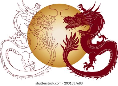 Japanese red dragon tattoo.Dragon on red background for Chinese New Year.Gold Chinese Dragon vector.Gold line art King Dragon tattoo.cartoon vector for t-shirt.