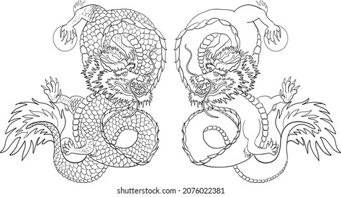 Japanese red dragon tattoo.Dragon on red background for Chinese New Year.Gold Chinese Dragon vector.Gold line art King Dragon tattoo.cartoon vector for t-shirt.