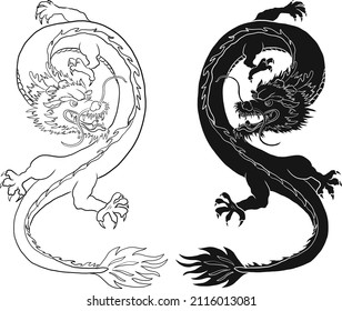 Japanese red dragon tattoo.Dragon on red background for Chinese New Year.Gold Chinese Dragon vector.Gold line art King Dragon tattoo.cartoon vector for t-shirt.