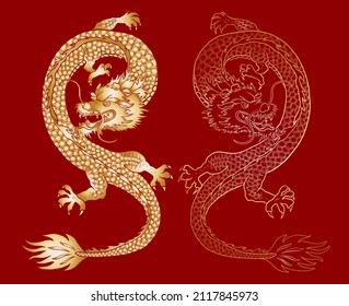 Japanese red dragon tattoo.Dragon on red background for Chinese New Year.Gold Chinese Dragon vector.Gold line art King Dragon tattoo.cartoon vector for t-shirt.