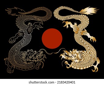 Japanese red dragon tattoo.Dragon on red background for Chinese New Year.Gold Chinese Dragon vector.Gold line art King Dragon tattoo.cartoon vector for t-shirt.