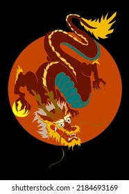 Japanese red dragon tattoo.Dragon on red background for Chinese New Year.Gold Chinese Dragon vector.Gold line art King Dragon tattoo.cartoon vector for t-shirt.