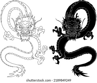 Japanese red dragon tattoo.Dragon on red background for Chinese New Year.Gold Chinese Dragon vector.Gold line art King Dragon tattoo.cartoon vector for t-shirt.