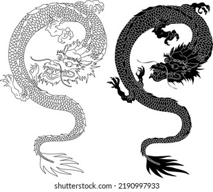 Japanese red dragon tattoo.Dragon on red background for Chinese New Year.Gold Chinese Dragon vector.Gold line art King Dragon tattoo.cartoon vector for t-shirt.