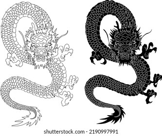 Japanese red dragon tattoo.Dragon on red background for Chinese New Year.Gold Chinese Dragon vector.Gold line art King Dragon tattoo.cartoon vector for t-shirt.traditional chinese culture for elements