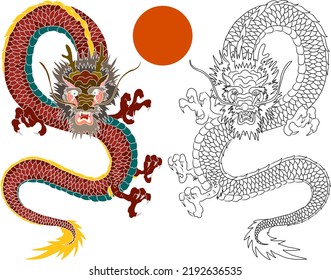 Japanese red dragon tattoo.Dragon on red background for Chinese New Year.Gold Chinese Dragon vector.Gold line art King Dragon tattoo.cartoon vector for t-shirt.traditional chinese culture for elements