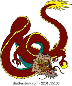 Japanese red dragon tattoo.Dragon on red background for Chinese New Year.Gold Chinese Dragon vector.Gold line art King Dragon tattoo.cartoon vector for t-shirt.