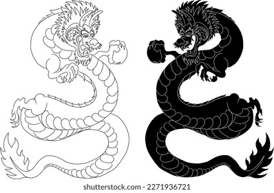 Japanese red dragon tattoo.Dragon on red background for Chinese New Year.Gold Chinese Dragon vector.Gold line art King Dragon tattoo.cartoon vector for t-shirt.