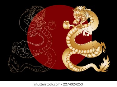 Japanese red dragon tattoo.Dragon on red background for Chinese New Year.Gold Chinese Dragon vector.Gold line art King Dragon tattoo.cartoon vector for t-shirt.