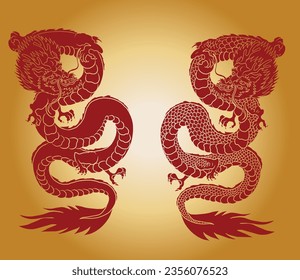 Japanese red dragon tattoo.Dragon on red background for Chinese New Year.Gold Chinese Dragon vector.Gold line art King Dragon tattoo.cartoon vector for t-shirt.
