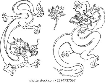 Tatuaje al dragón rojo japonés. Dragón sobre fondo rojo para el Año Nuevo chino. Vector del dragón chino de oro. Arte de la línea dorada del Rey Dragón tatuado.vector de dibujos animados para camisetas.