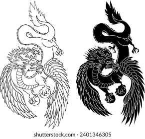 Tatuaje al dragón rojo japonés.Dragón sobre el fondo rojo para el Año Nuevo chino.Vector del dragón chino de oro.Arte de la línea dorada del Rey Dragón tatuaje.vector de dibujos animados para camisetas.vector dibujado a mano para el año nuevo 2024