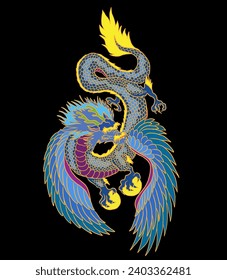 Tatuaje al dragón rojo japonés.Dragón sobre fondo rojo para Año Nuevo chino.Vector del dragón chino de oro.Arte de la línea de oro Tatuaje del dragón Rey.vector de dibujos animados para camisetas.Animado afortunado para imprimir.