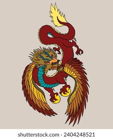 Tatuaje al dragón rojo japonés.Dragón sobre fondo rojo para Año Nuevo chino.Vector del dragón chino de oro.Arte de la línea de oro Tatuaje del dragón Rey.vector de dibujos animados para camisetas.Animado afortunado para imprimir.