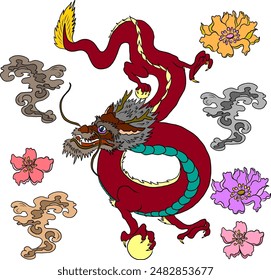 Japanese red dragon tattoo.Dragon on red background for Chinese New Year.Gold Chinese Dragon vector.Gold line art King Dragon tattoo.cartoon vector for t-shirt.