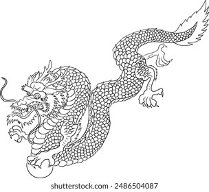 Dragón rojo japonés tattoo.Dragon en el fondo rojo para el año Nuevo chino. Vector de dragón chino de oro. arte de la línea de oro King Dragon tattoo.cartoon Vector para camiseta.Elementos para colorear libro o pegatina.