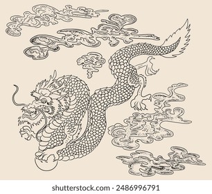 Japanese red dragon tattoo.Dragon on red background for Chinese New Year.Gold Chinese Dragon vector.Gold line art King Dragon tattoo.cartoon vector for t-shirt.Elements for coloring book or sticker.