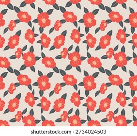 Japanese Red Flower Leaf Vector Seamless Pattern