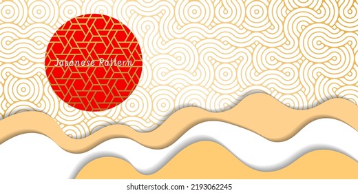 Patrón de oro rojo japonés, ilustración de textura de Año Nuevo, icono geométrico, fondo de paisaje montañoso