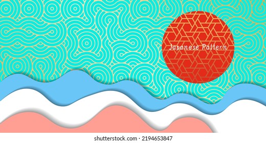 Japanese red gold pattern, New Year illustration, geometric icon, mountain scape background